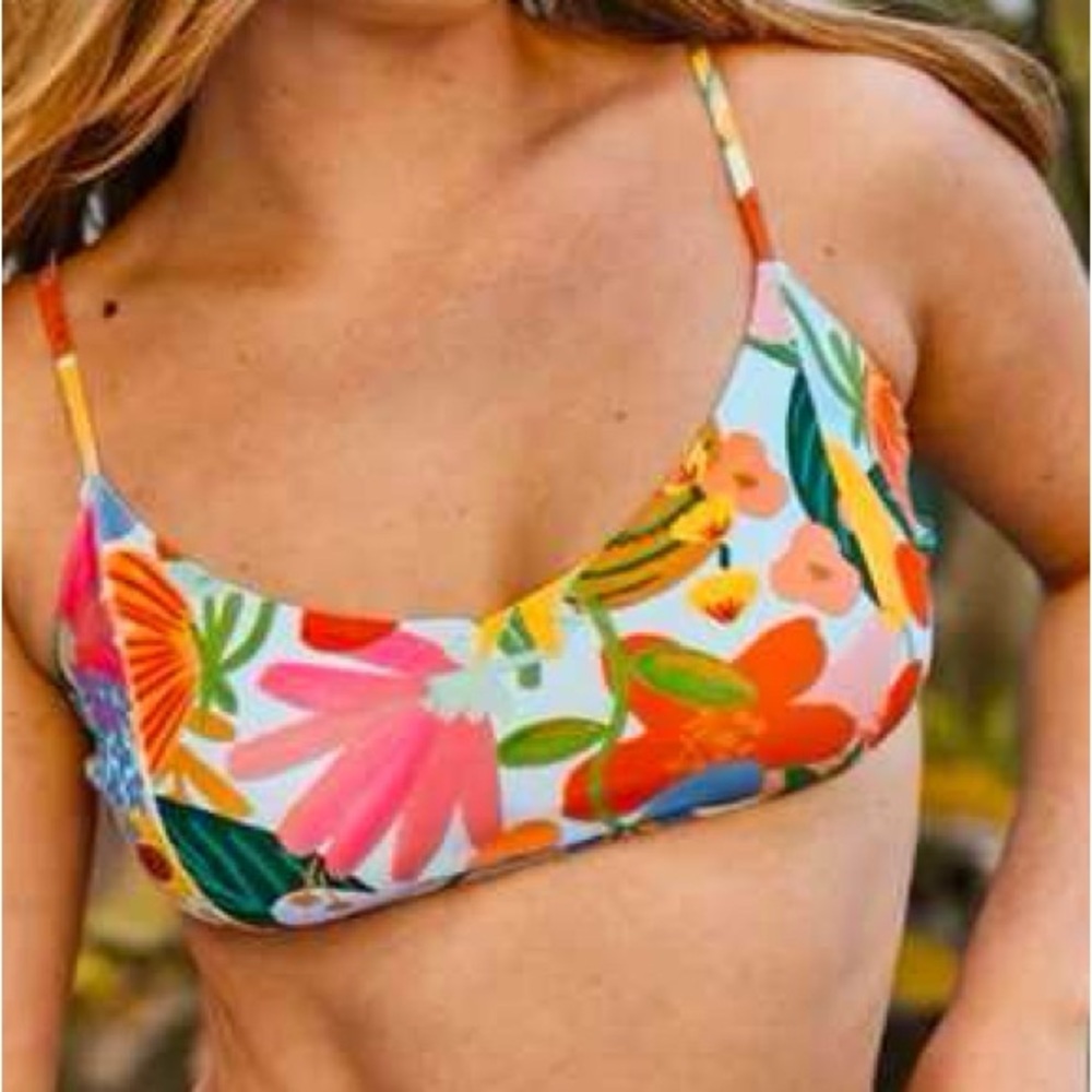 summersalt Floral Scoop Bikini Top in White, Pink, Orange, Green, Yellow, Blue